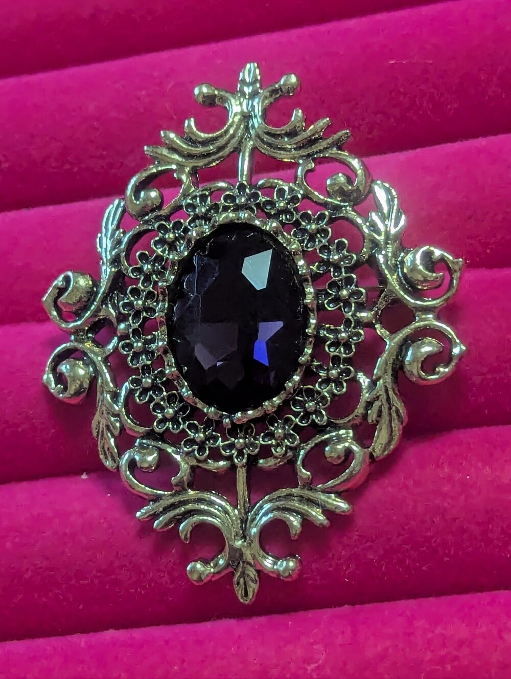 Vintage Amethyst Foil Back Cabachin Filigree Brooch Gorgeous!!